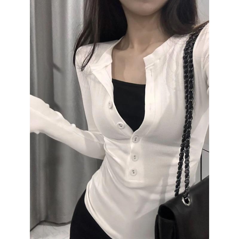 Spice Girl Shoulder Long Sleeve T-Shirt Women's Spring Skinny Single-breasted Top Bottom Shirt Tide