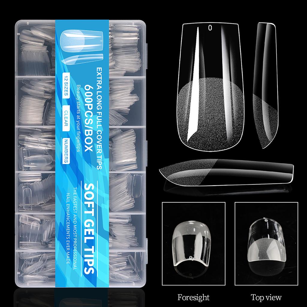 600Pcs Full Cover Half Frosted False Nail Tips Square French Fake Soak Off Gel Nail Extension Tips Press On Nails Nail Supplies