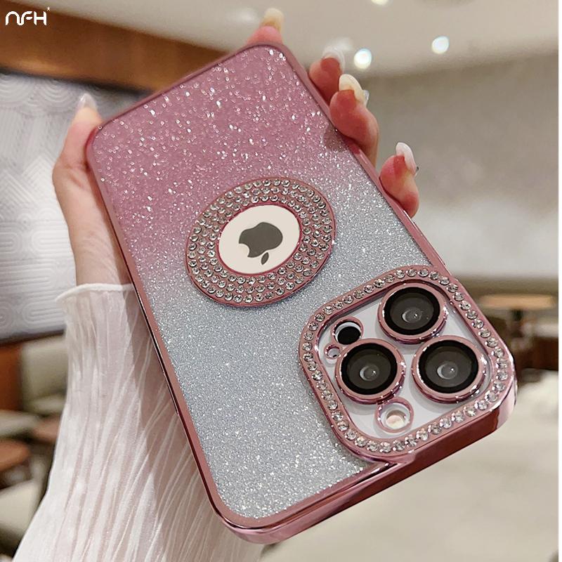 For iPhone 15 Pro Max Luxury Plating Gradual Flash Diamond Frame Phone Case For iPhone 11 12 13 14 16 Plus Lens Protective Cover