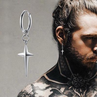 Stainless Steel Four Pointed North Star Huggie Hoops Earrings for Men Piercing or No Piercing Cross Jewelry Gift for Her Him