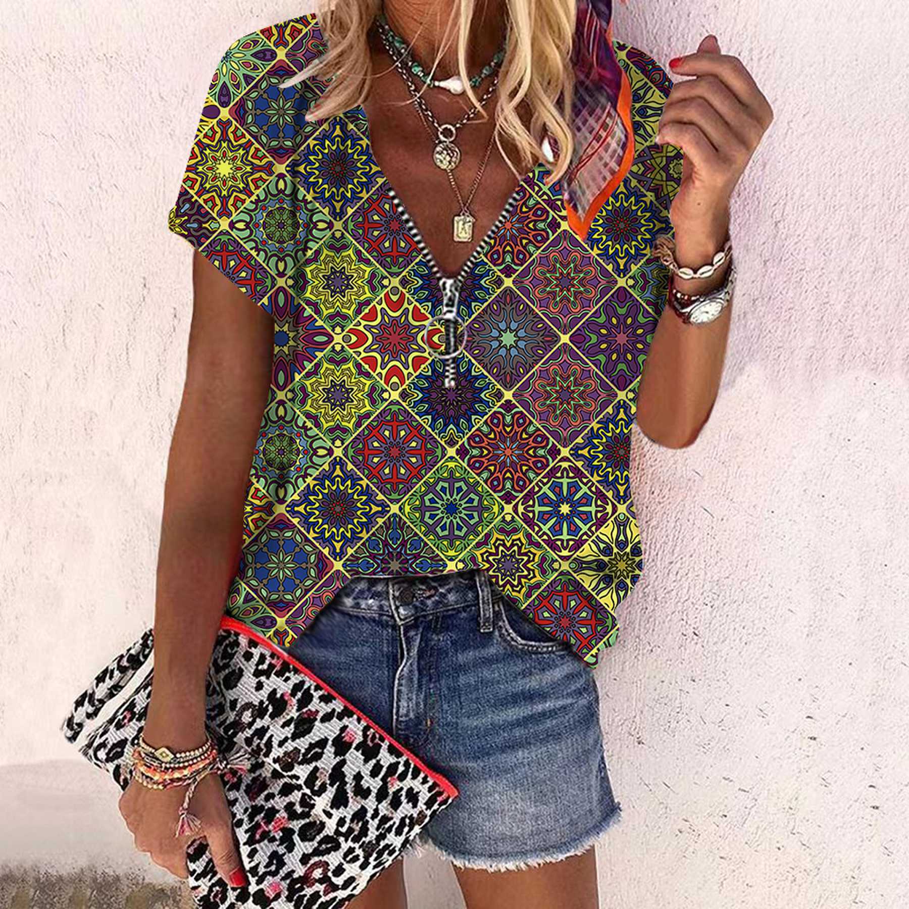 

Женский топ, летний новый модный топ с розами в стиле ретро и принтом, повседневный топ на молнии с v-образным вырезом и короткими рукавами 6XL жёлтый