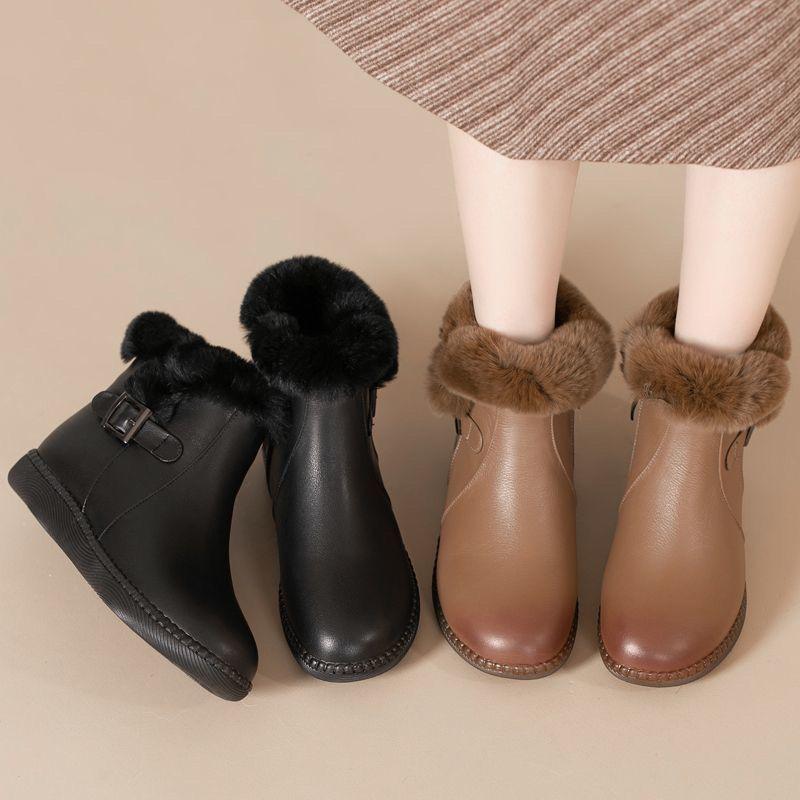 Fashion Leather Flat Waterproof Round Toe Women's Snow Boots Trend 2025 Booties Sale Furry Work Comfortable and Elegant Hot Ladies Shoes
