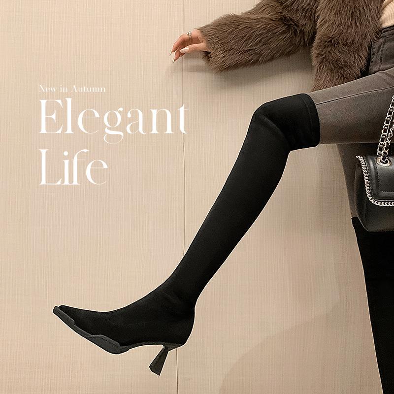 New European and American women's over-the-knee boots, black high-heeled round-headed thick-heeled autumn and winter women's leather boots,