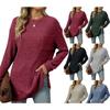 Autumn Winter Round Neck Pocket Hem Slit Loose T-shirt Solid Color Knitwear Pullover Top for Women