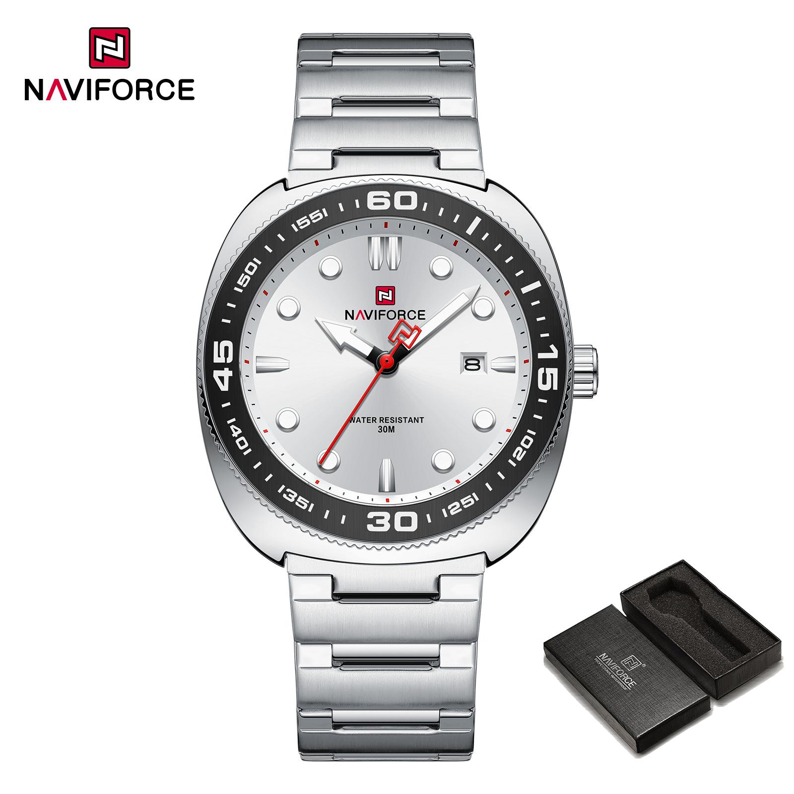 

Мужские часы NAVIFORCE Кварцевые Календарь Светящиеся стрелки Ремешок из нержавеющей стали Водонепроницаемые Модные Повседневные часы NF9250 серебряный