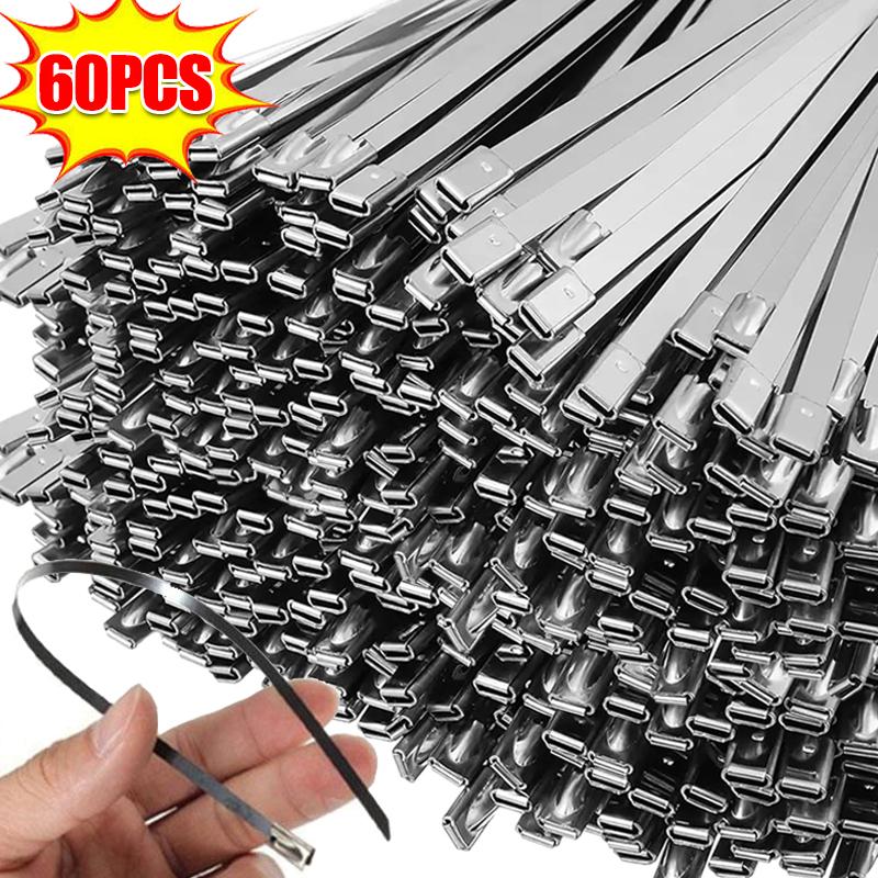 

60/20Pcs Stainless Steel Cable Tie Reusable Self-locking Fastening Ring Metal Zip Ties Wire Cable Organizer Exhaust Wrap Straps 20PCS