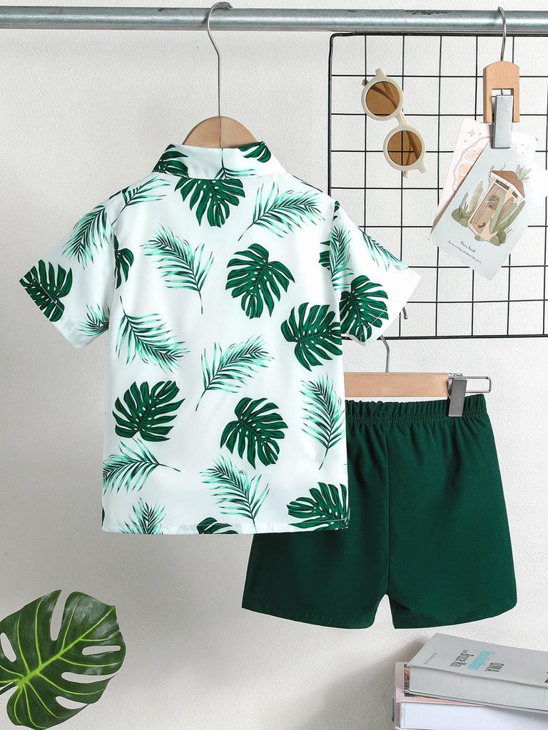 Boys' Tropical Leaf Print Shirt & Shorts 2Pcs Outfit