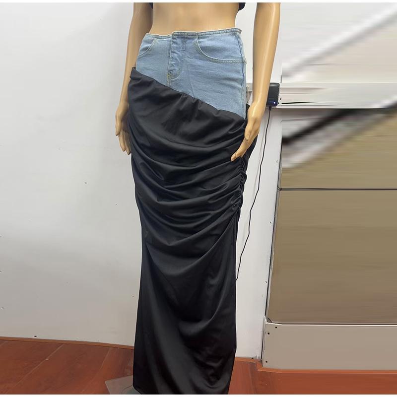 Modern Deconstruction High-waisted Denim Skirt Women's Two-piece Illusion Black Ruffled Splicing Design Sensibility Long Skirt