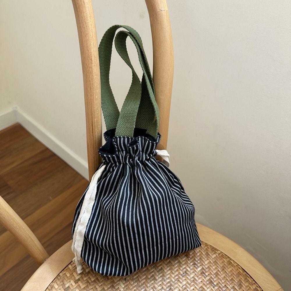 Stripes Drawstring Organizer Bag Top Handle Handheld Coin Purse Cosmetic Storage Pouch  Picnic