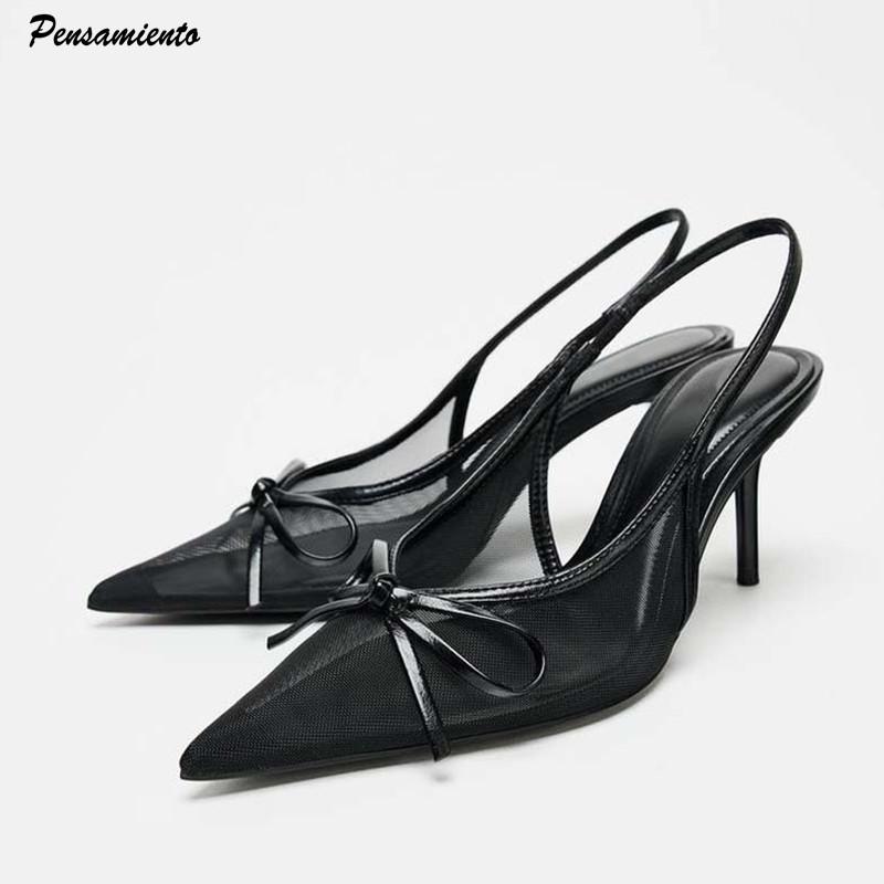 Fashion 2025 Summer Air Mesh Bowknot Slingbacks Women Pumps Fashion Pointed toe Thin High heels Office Sandals Female Party Prom Shoes