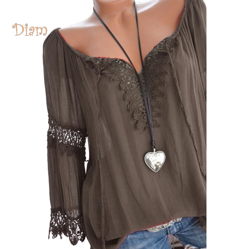 Fetong Autumn Elegant Hollow Lace Stitching Solid Color Women Long Sleeve Shirt Top