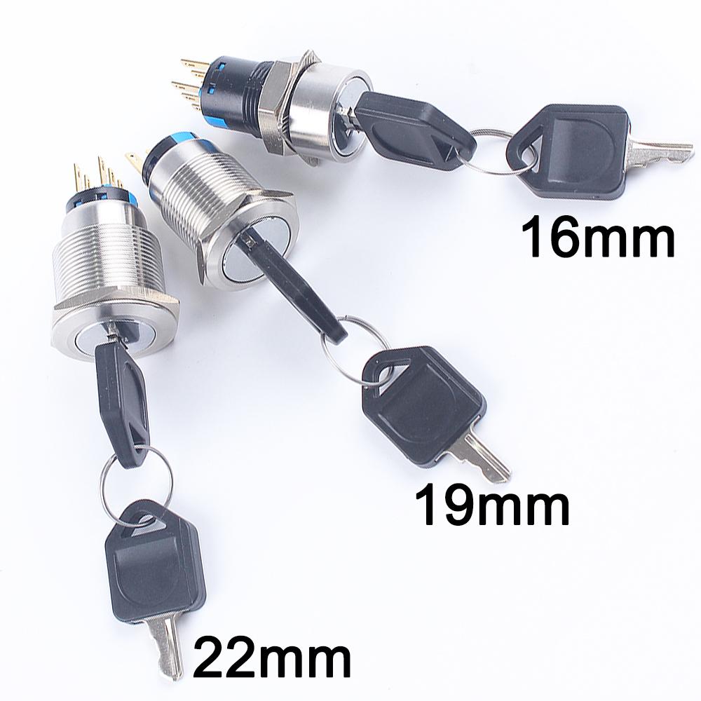 2/3 Positions Rotary Buttons 16/19/22mm Metal Brass Chrome Key Push Selector Switch 2NO2NC Press Without LED 2 keys