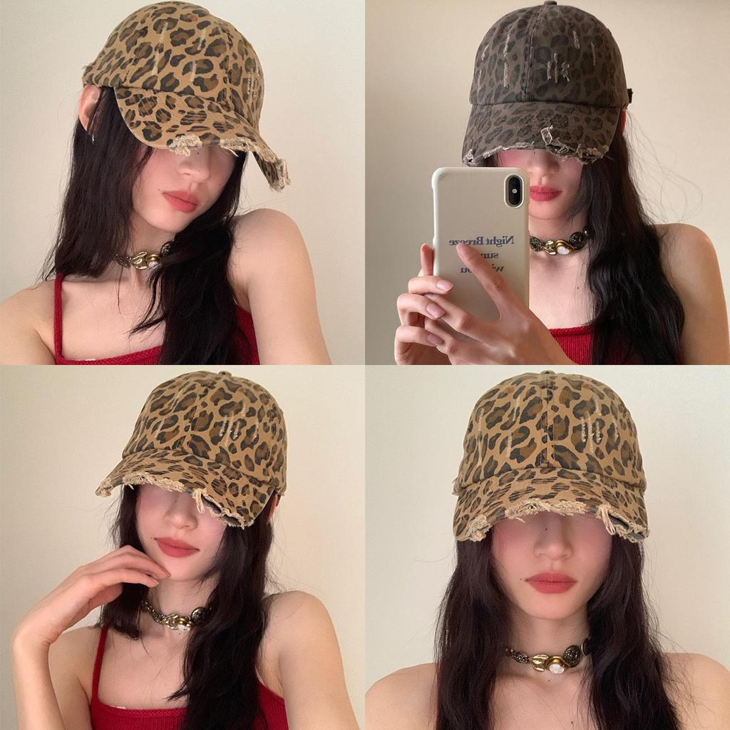 Vintage Leopard Print Adjustable Baseball Cap For Women With Embroidered Style And Sun Protection