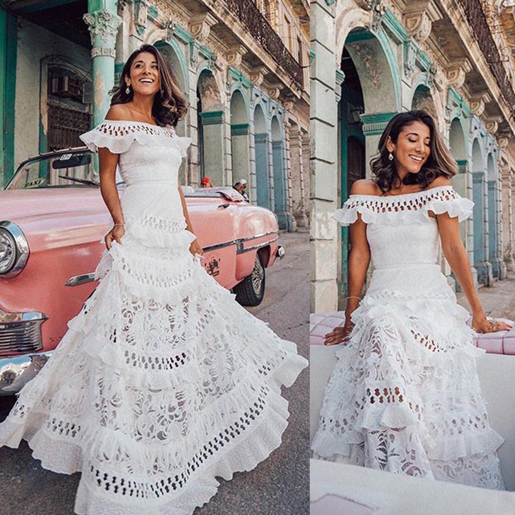 Boho Women Summer Holiday Lace Hollow Out Sundress Solid Slash-Neck Maxi Dress