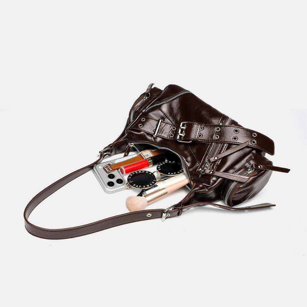 Women's Punk Motorcycle Distressed Leather Crossbody Bag with Multi-Buckle Straps and Rivet Design