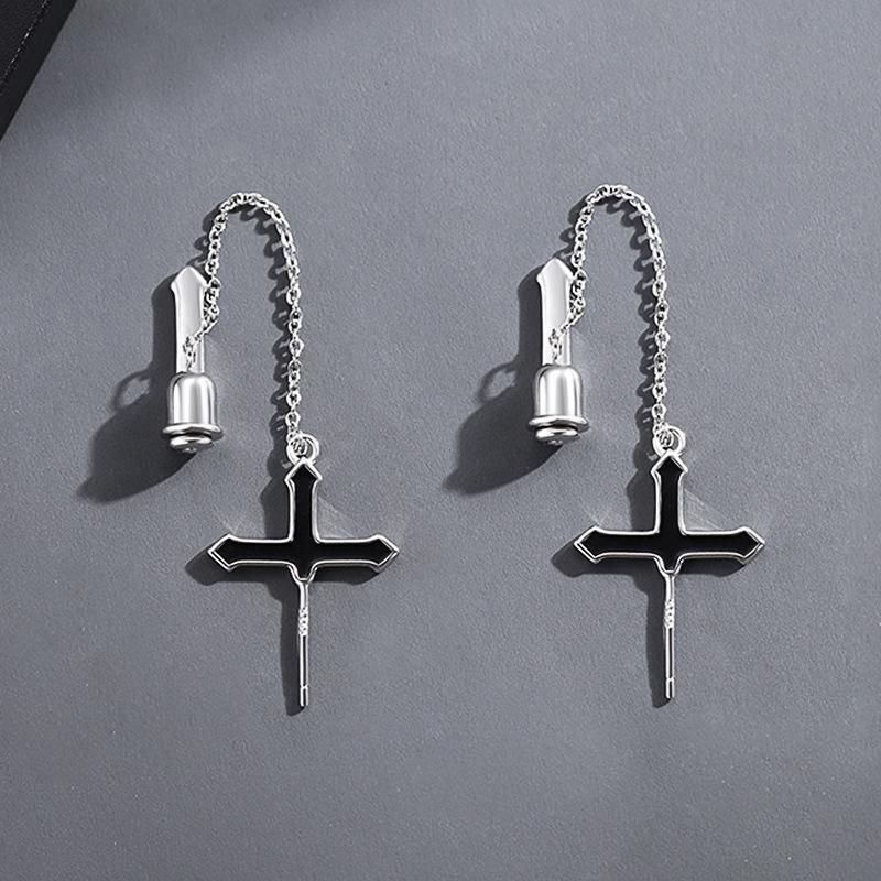 Men Cross Bar Chain Earring Single Ear Cuff Gothic Streetwear Punk Earring Asymmetric Huggie Hoop one size