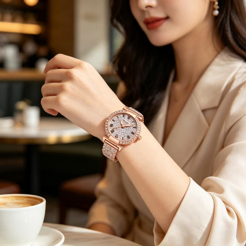 RUIXINE Luxury Women Rose Gold Watch, Fashion Ladies Quartz Crystal Wristwatch, Elegant Diamond-studded Bracelet Watch for Women