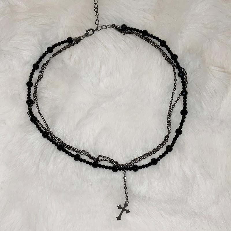 Gothic Punk Y2K Black Crystal Cross Pendant Necklace for Women Vintage Multi Layer Bead Necklace 90s EMO Charm Jewelry Gift