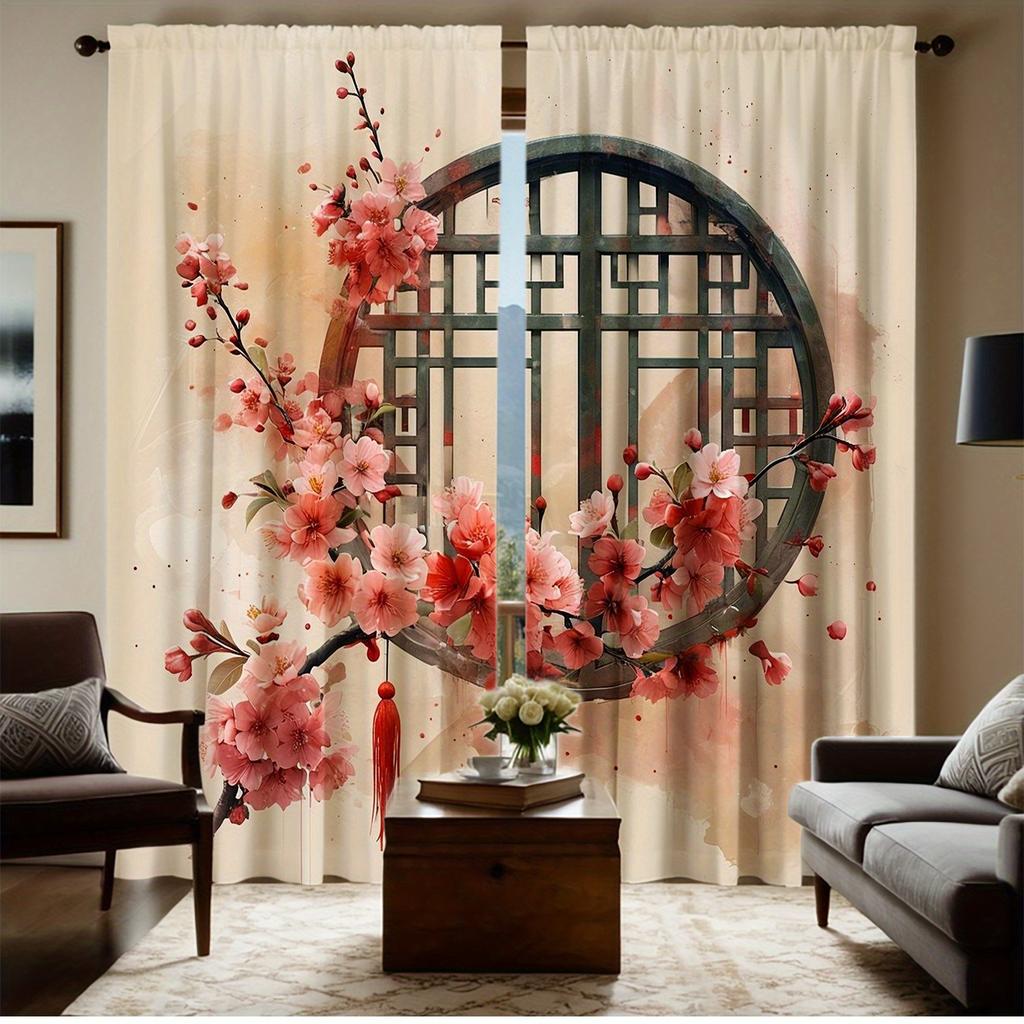 Sakura Curtains Hd Digital Print Sheer Polyester Living Room Bedroom Asian Design Pocket Rod Top Elegant Darkening Made Of Window Treatment