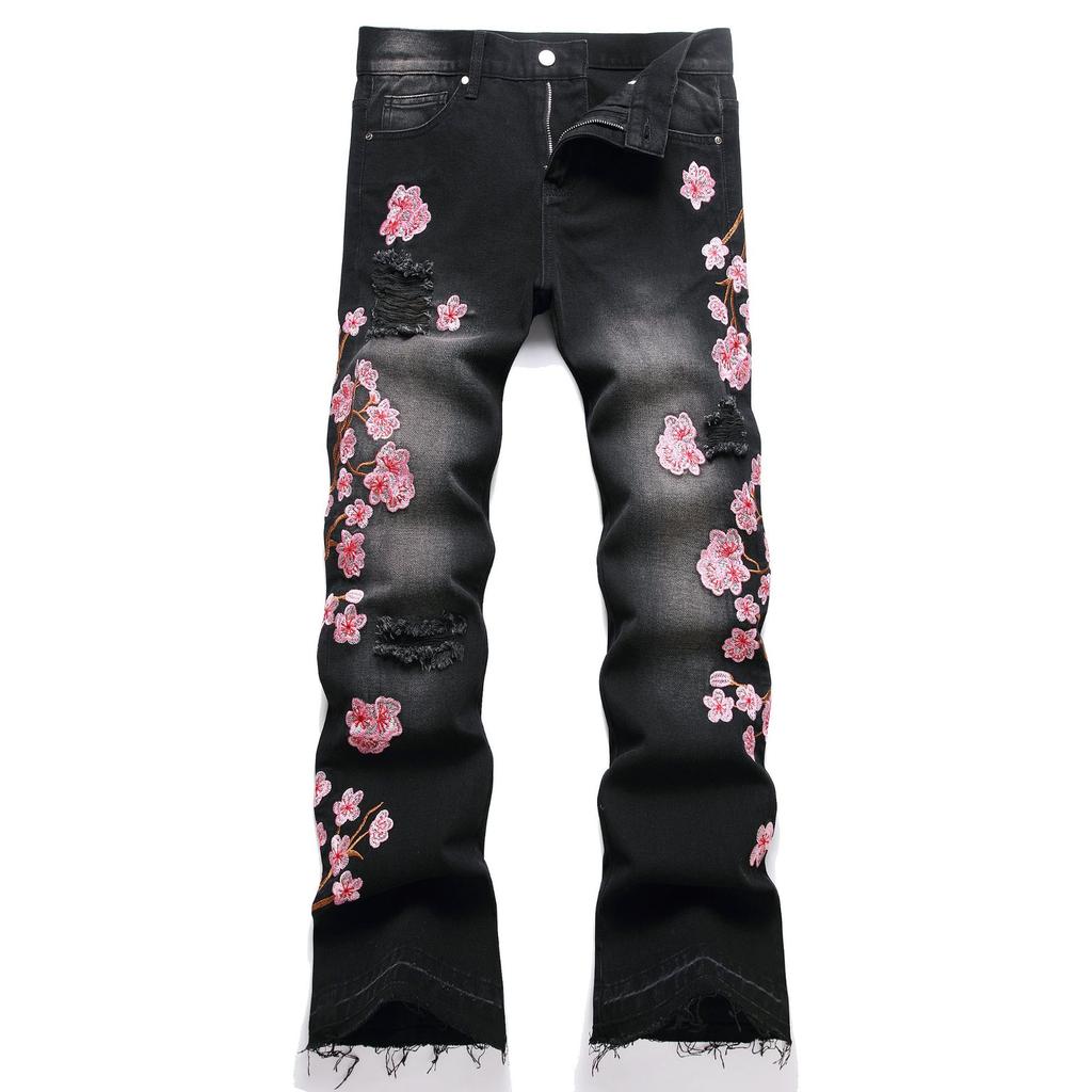 Cross Border New Men's Micro Flared Jeans Street Fashion Men's Heavy-duty Embroidered Plum Blossom Non Elastic Jeans