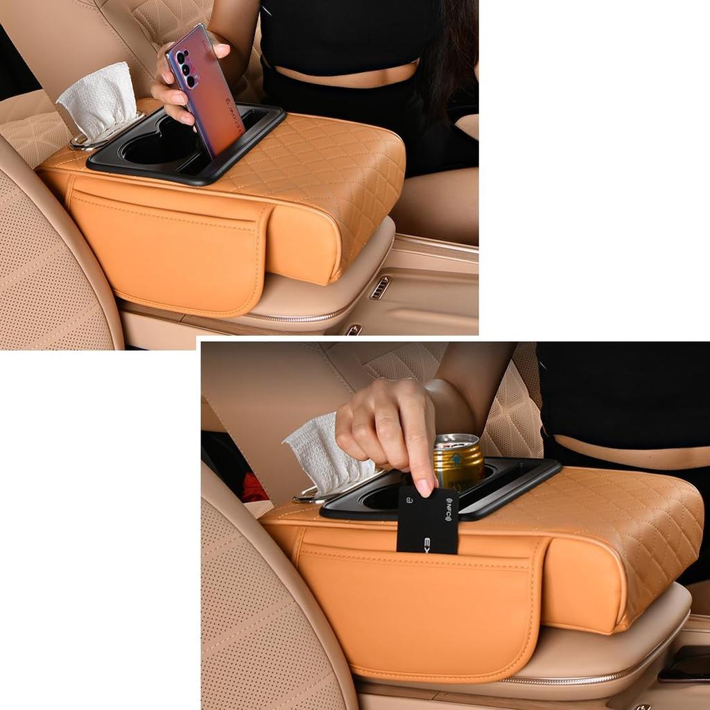 Car Armrest Cushion,5-In-1 Center Console Cover With 2 Storage Bags Cup Holder, Tissue Box Slot, Phone Slot For Sedans, Car Accessories Interior