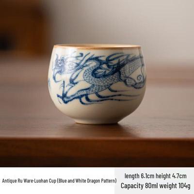 Shangqi Ru Kiln Ceramic Tea Cups - Blue & White Dragon (Set of 2)