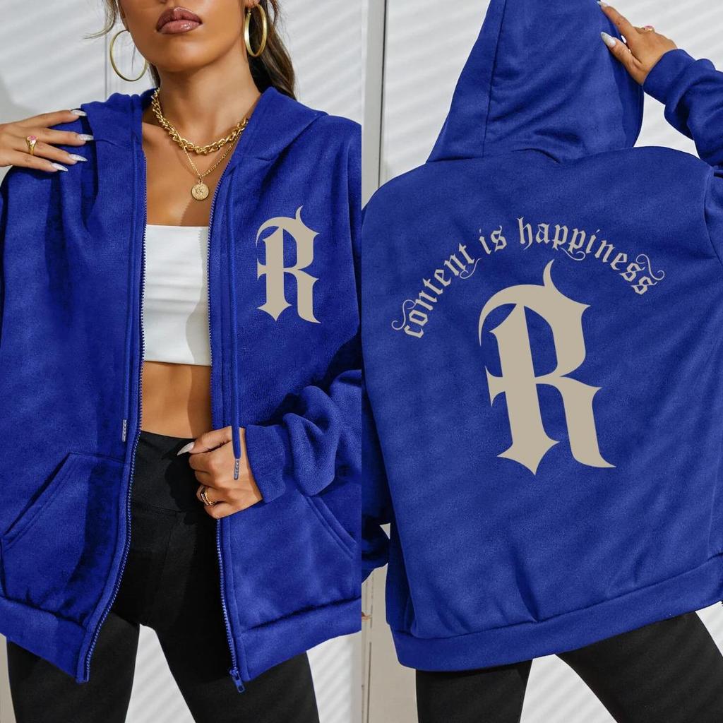 Content Is Happiness Letter R Pattern Zipper Hoodie Woman Fashion Casual Hoodies Loose Multicolor Hoody Clothes