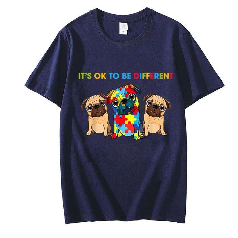 Cute Pug Dogs Its Ok To Be Different Autism Awareness Unisex T Shirt Summer Tee Shirt Streetwear Hip Hop for Kids Female Tops