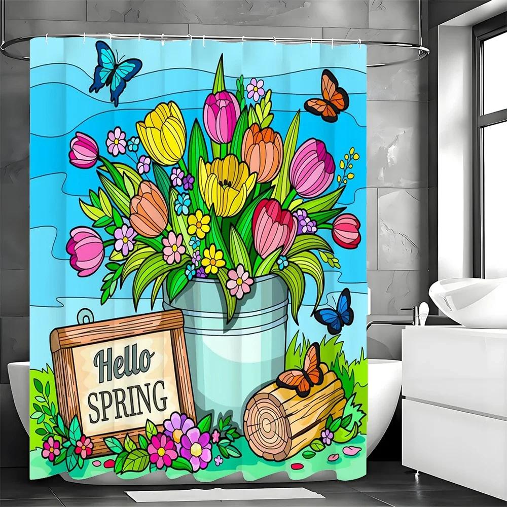 Spring Flower Butterfly Shower Curtain, Bathroom Decorative Shower Curtain, Waterproof Shower Curtain with Hooks