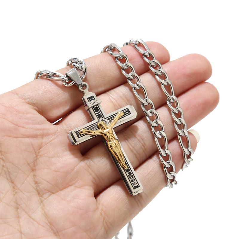 Stainless Steel Large/Small Religious Crucifix Jesus Cross Necklace Pendant Multilayer Jesus Christ Crucifix Necklaces 24''
