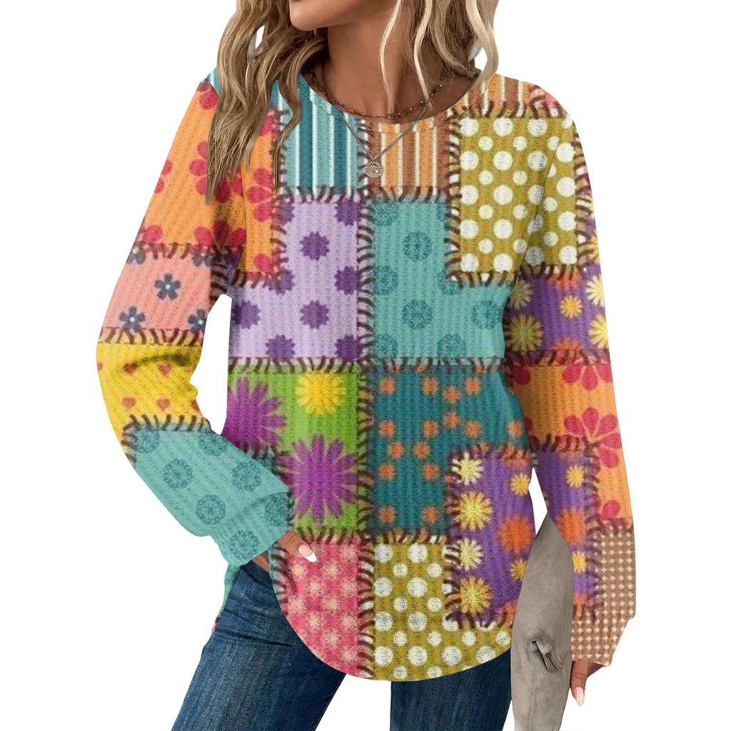 Dámský kostkovaný top s kulatým výstřihem, dlouhým rukávem, ležérního volného střihu