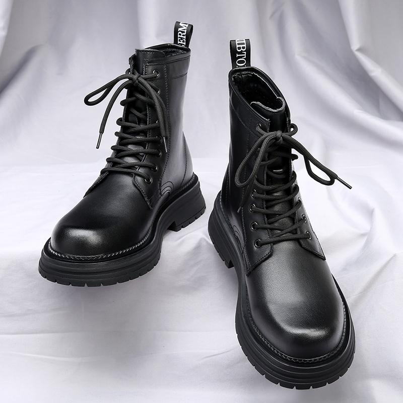 New Casual Leather Mens High Top Shoes Classic Motorcycle Boots British Style Mid-Calf Ankle Boots Thick Bottom Male Basic Boots