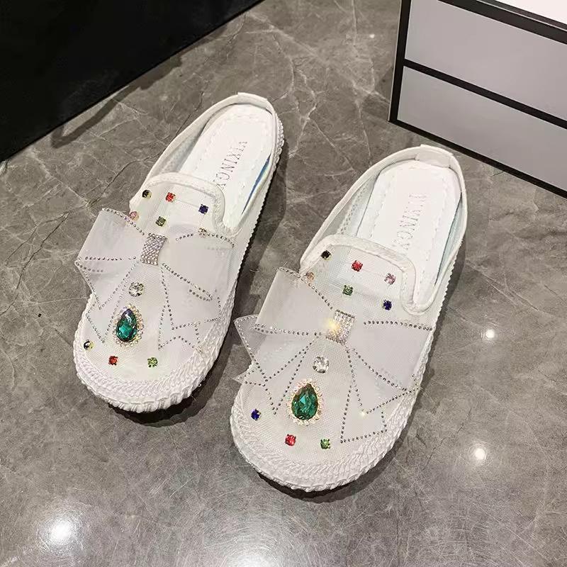 Summer new mesh rhinestone outer wear versatile bag head cool slippers flat bottom half drag women's shoes