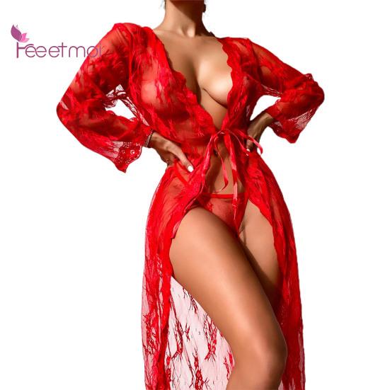 Lady Nightdress Lace Open Front Up Two Piece Transparent Floral Lace Sexy Nightdress Panties Set