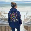 Kvinner Tykk Langermet Høst og Vinter O-Hals Hettegenser Vintage Blomsterprint Mote Løse Sweatshirts med Lomme