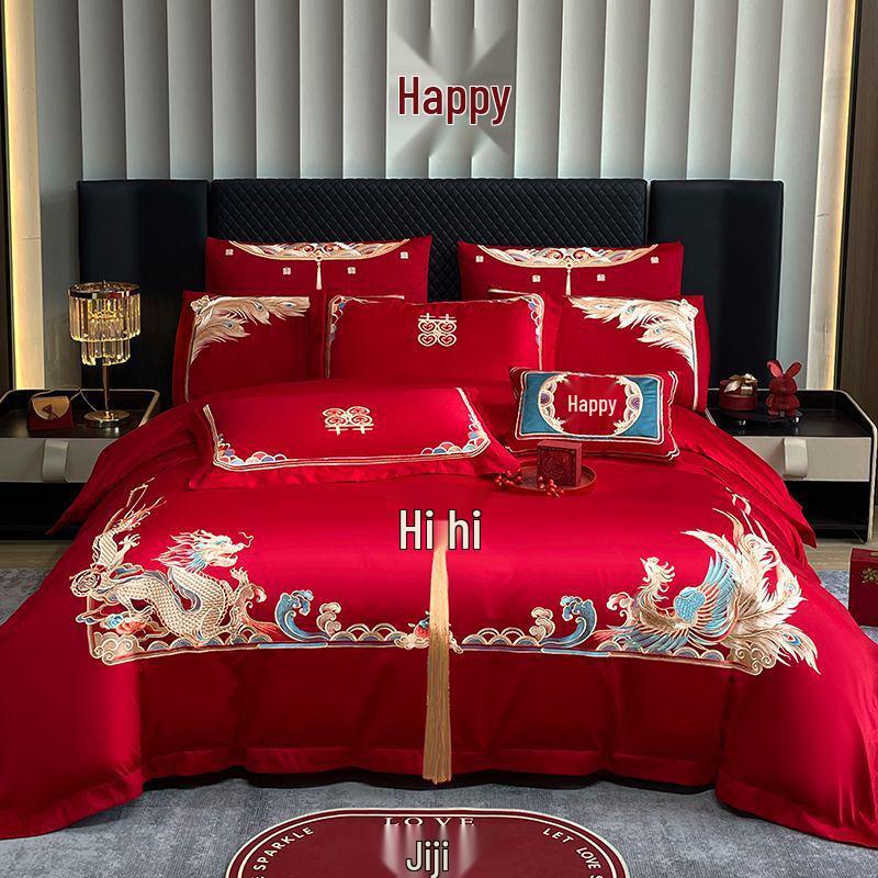 G5Z Κινεζικού Στυλ Κεντητό Κόκκινο Σετ Κλινοσκεπασμάτων Γάμου - Εορταστικό Τετραπλό Σετ με Παπλωματοκάλυμμα για Νιόπαντρα