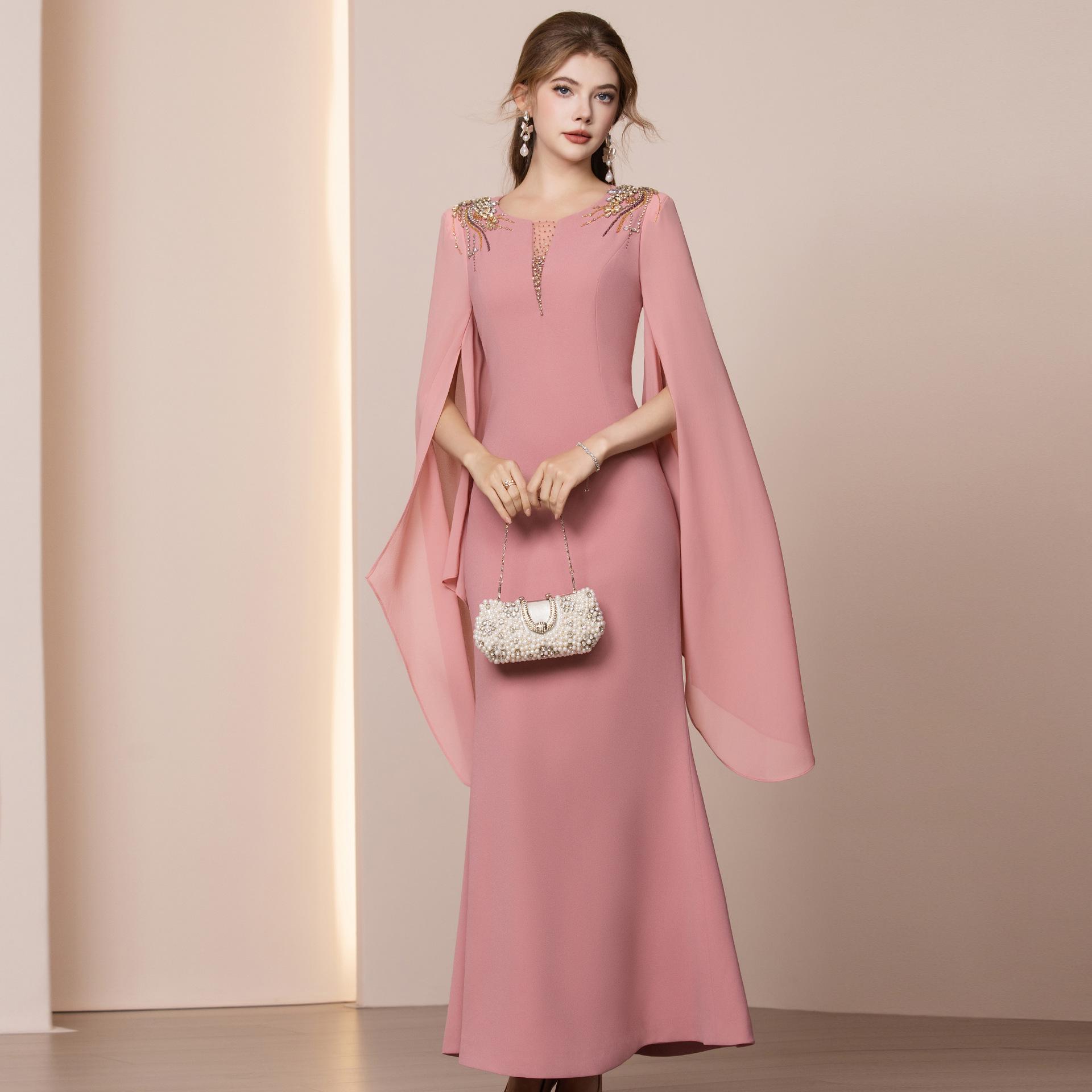 Zhi Li Elegant Rhinestone Beaded Fishtail Evening Gown with Flowy Sleeves - Spring 2026 Arrival L