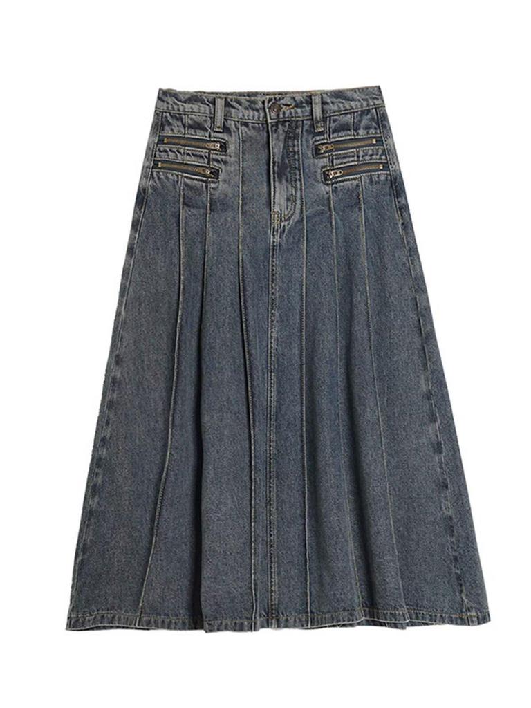 Dámská letní retro plisovaná džínová midi sukně 2025 - S vysokým pasem, zeštíhlující áčkového střihu se zipem