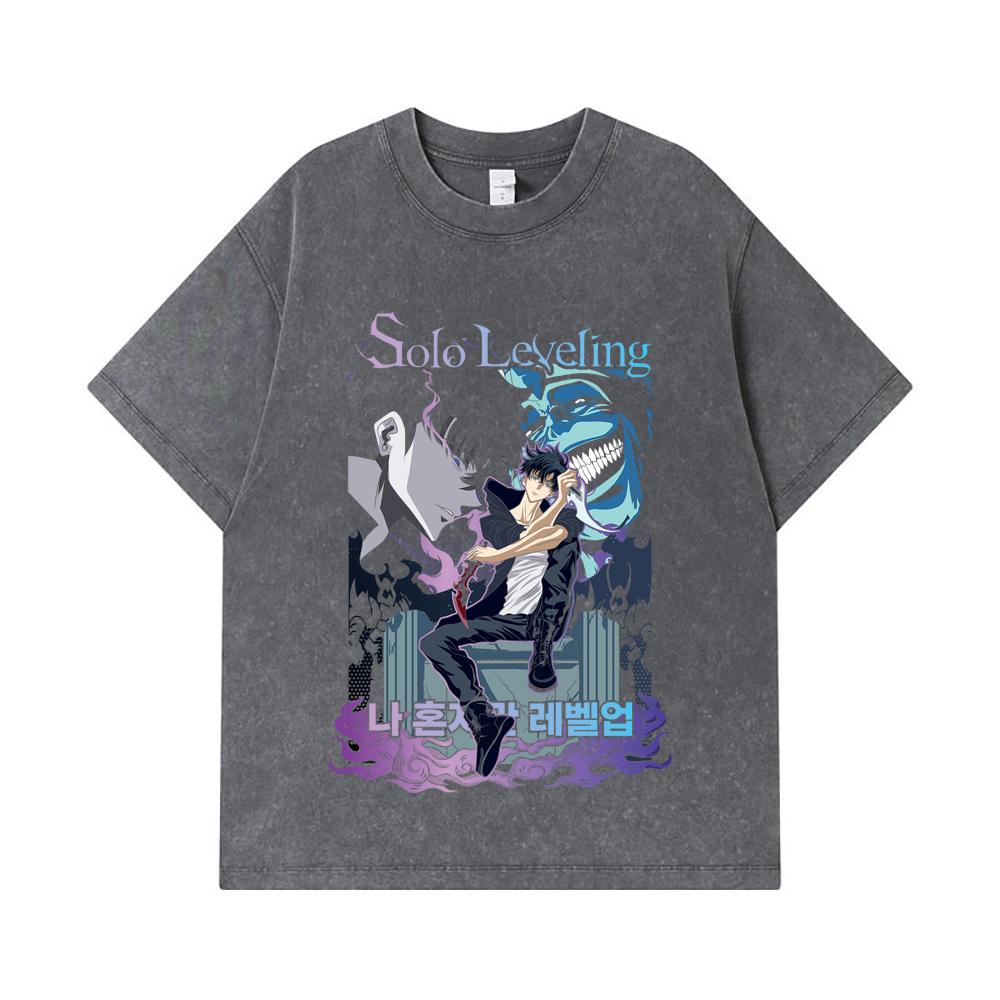 275 GSM Washed T-shirts 100% Cotton Solo Leveling V6 Print Unisex Heavy Cotton T Shirt
