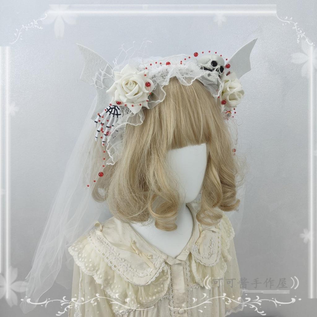 Original Handmade Halloween Ghost Bride Cos Dress Up Hair Accessories White Lace Veil Blood Drop Mesh Flower Women's Headdress