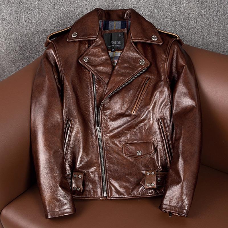 Pure Waxed Full Grain Leather Jacket Mens Heavy Motorcycle Biker Coat Fashion Large Size Outerwear