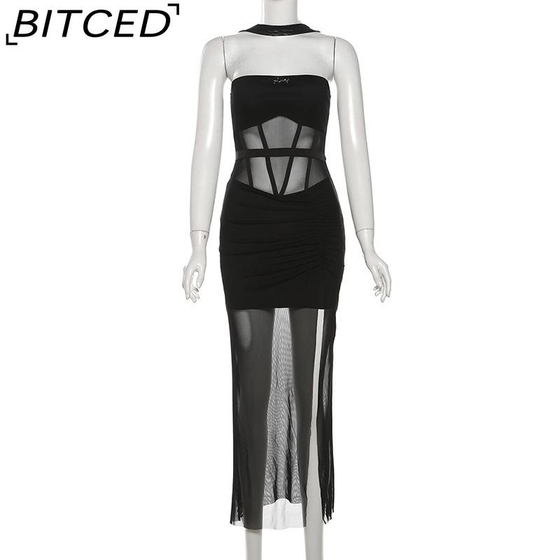 BITCED Summer Women's Solid-Color Slim-Fit High-Waisted Fashion Off-the-Shoulder Halter Dress