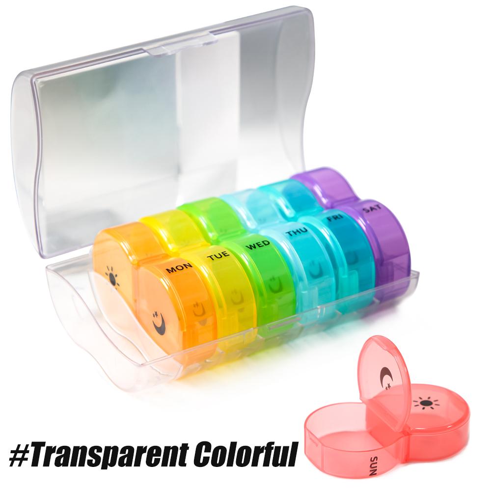 

Portable Weekly 7 Days Pill Box Colorful Design Stackable 2 Times A Day Medicine Storage Dispenser/Plastic Pill Organizer Boxs