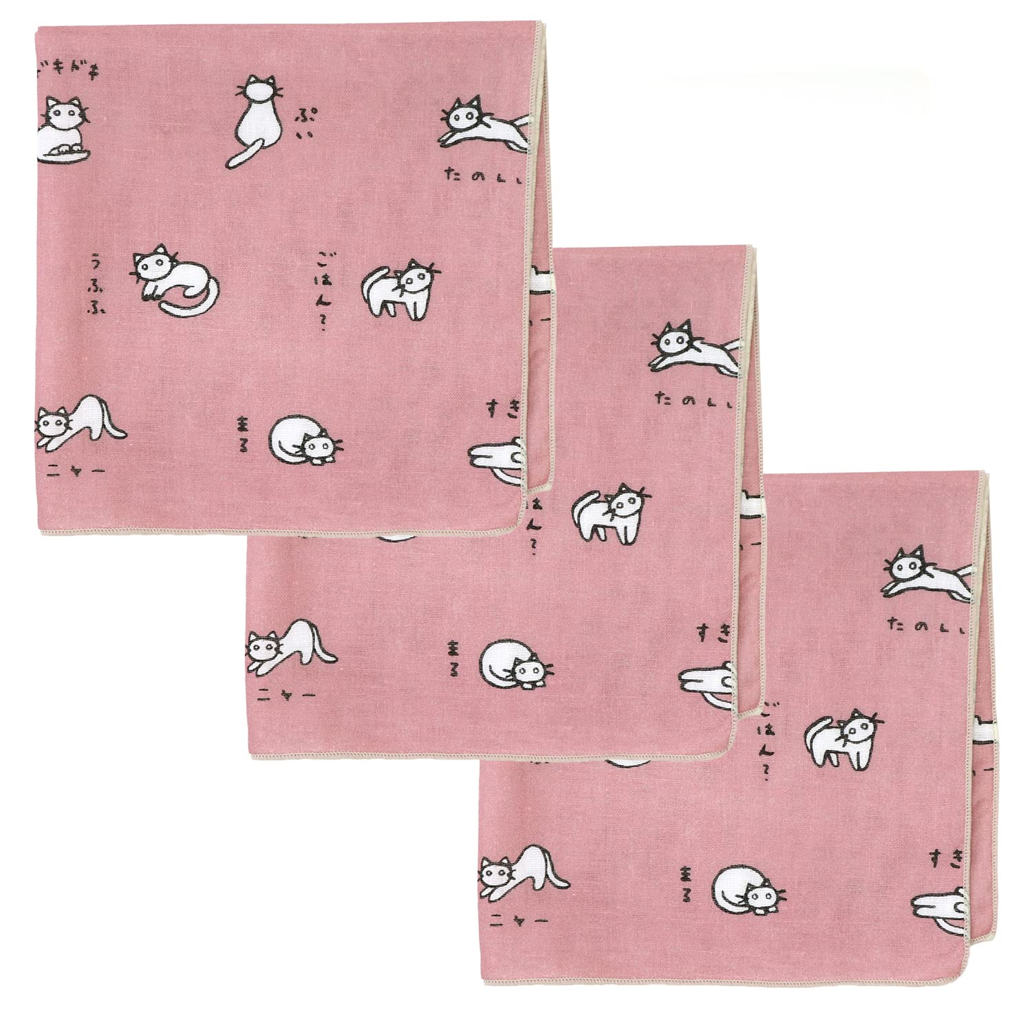 

Set of 3 Gauze Cat and Azuki Bean Made in Iroha Mameo Series Handkerchiefs, Designs, Japan, 100% Cotton, 35x35cm,