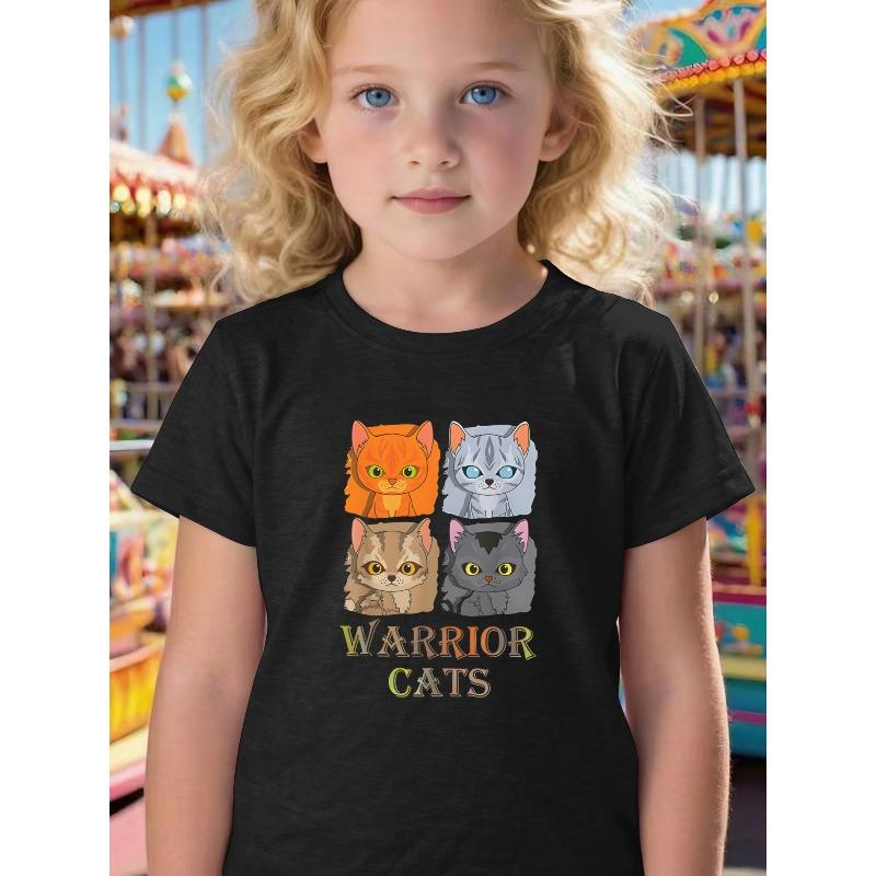 Girls Warrior Cat Print Crewneck Short Sleeve Tee, Lightweight Soft Slim Fit Summer Top for Sports Outdoor Play