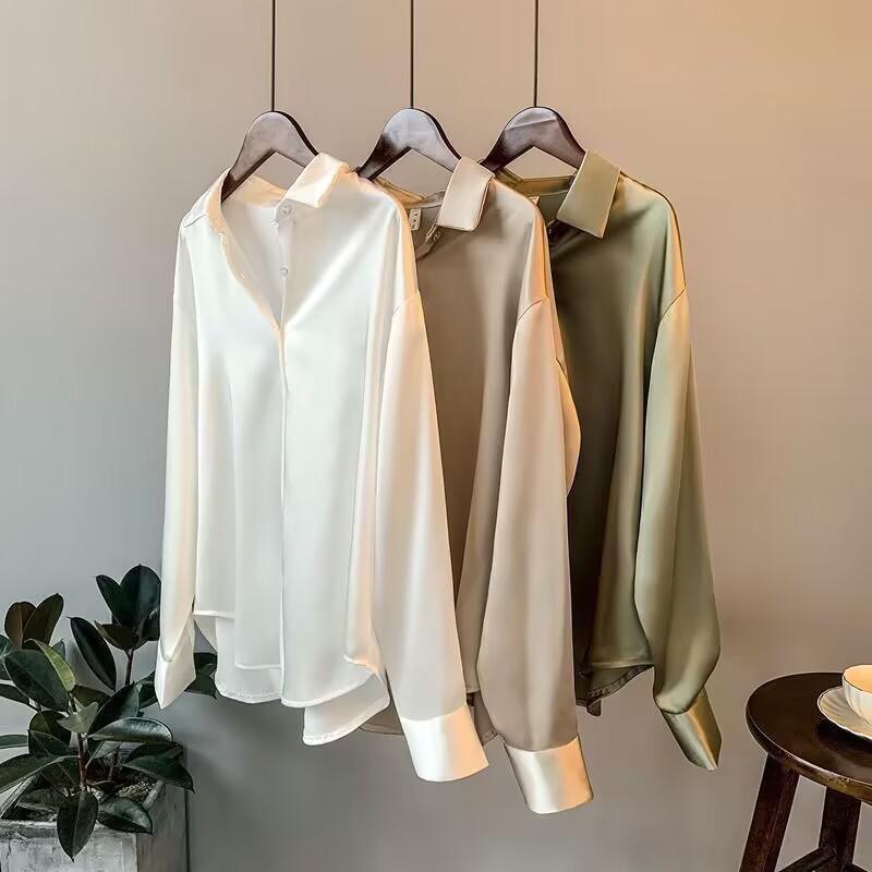 Women's Vintage Drape Long-Sleeve Satin Shirt 2025 – Versatile Retro Hong Kong Style for Spring & Autumn