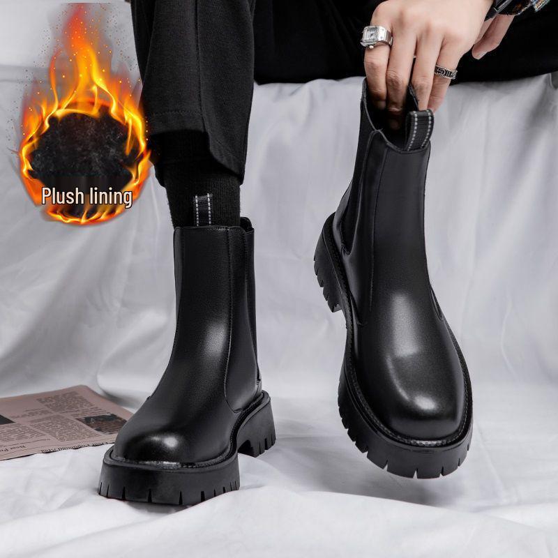 Men's Waterproof Black Leather Chelsea Boots – Winter, Non-Slip, High-Top, British Style.