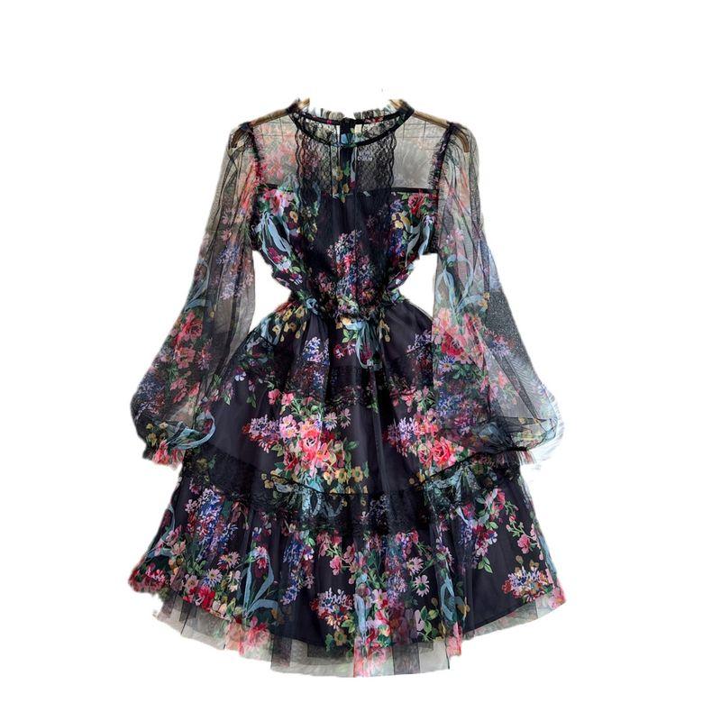 Spring and Autumn Ladies Long Sleeves A- line Dress Mesh