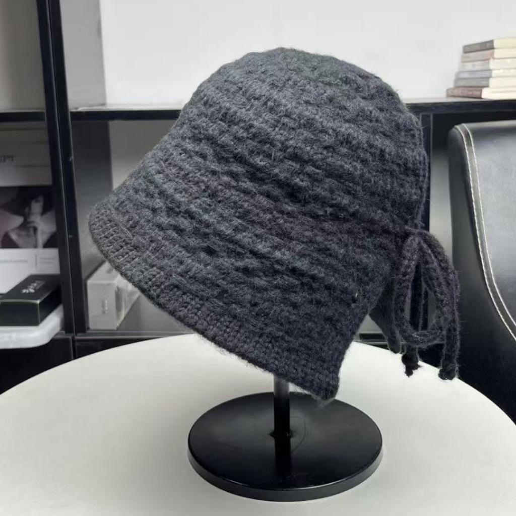 Back split bow shows small face Korean knitted bucket hat basin hat women's autumn and winter sweet warm ear protection bucket hat