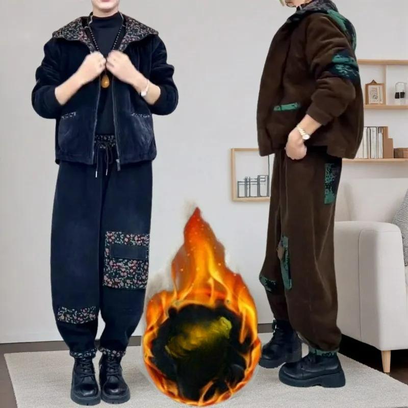 Plus Velvet Thick Corduroy Winter Hooded Suit Mother Is Thin Women's Western Style Fashion Jacket Two-piece Suit